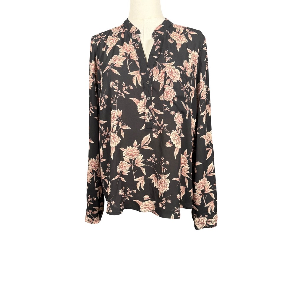 Forever 21 Floral Long Sleeve Split Neck Black Pink Blouse Top Large Romantic